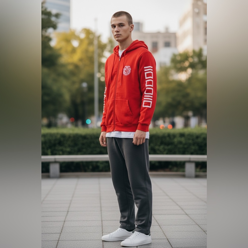 BTS Red Zip Up Hoodie Medium K-Pop Logo Graphic Sweatshirt‎ Unisex